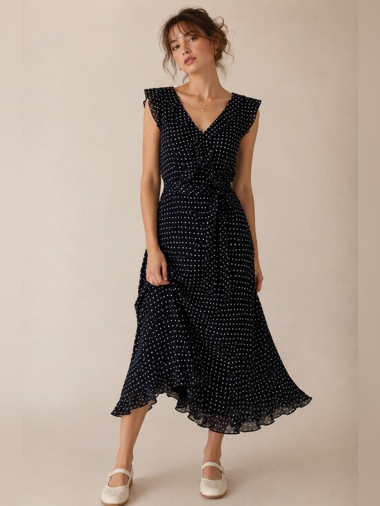 Jane Alexander Dresses & Skirts - Y2K Jane Alexander Polka Dot Midi Dress Size 10 Flutter Sleeve Ruffle Tie Waist